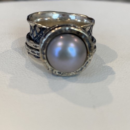Sterling Silver Israel Band 2 Outer Bands Spinning Greyish Pearl Ring SZ 5 - 第 5/9 張圖片