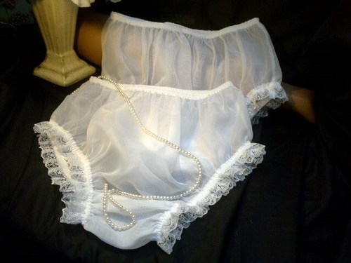 SISSY 2 pr WHITE SHEER NYLON FULL PANTIES KNICKERS DAINTY LACE Szs SM TO XL