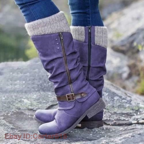 Damen breite Wade niedriger Absatz kniehohe seitliche Reißverschlussschnalle Wadenbein Reitstiefel Schuhe - Bild 1 von 15