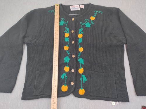 VTG Tally Ho Cardigan Sweater Womens Medium Black Pumpkin Floral Pockets 90s NWT - Picture 13 of 17