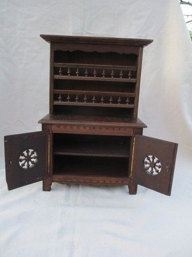 FRENCH BRITTANY BRETON CARVED WOOD DOLL MINIATURE FURNITURE HUTCH CUPBOARD 1940' - Picture 6 of 11
