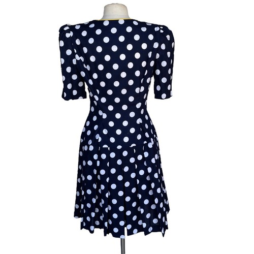 Vintage MELISSA Women’s Romper Size 12 Navy Polka Dot Yellow Trim Pleated - Picture 2 of 2