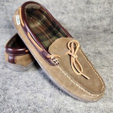 LL Bean Mens Size 8 Hand Sewn Flannel Lined Slippers Brown Suede Moccasins
