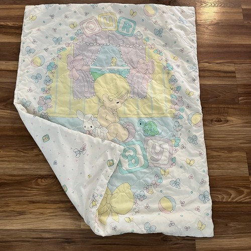 Vintage Precious Moments Our Baby Quilted Blanket Pastel Bunny Bird Handmade Bow - Picture 9 of 11