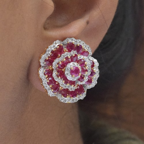 10.10ct Ruby Gemstone Stud Earrings 18K Solid Gold Diamond Pave Wedding Gift - Picture 2 of 7