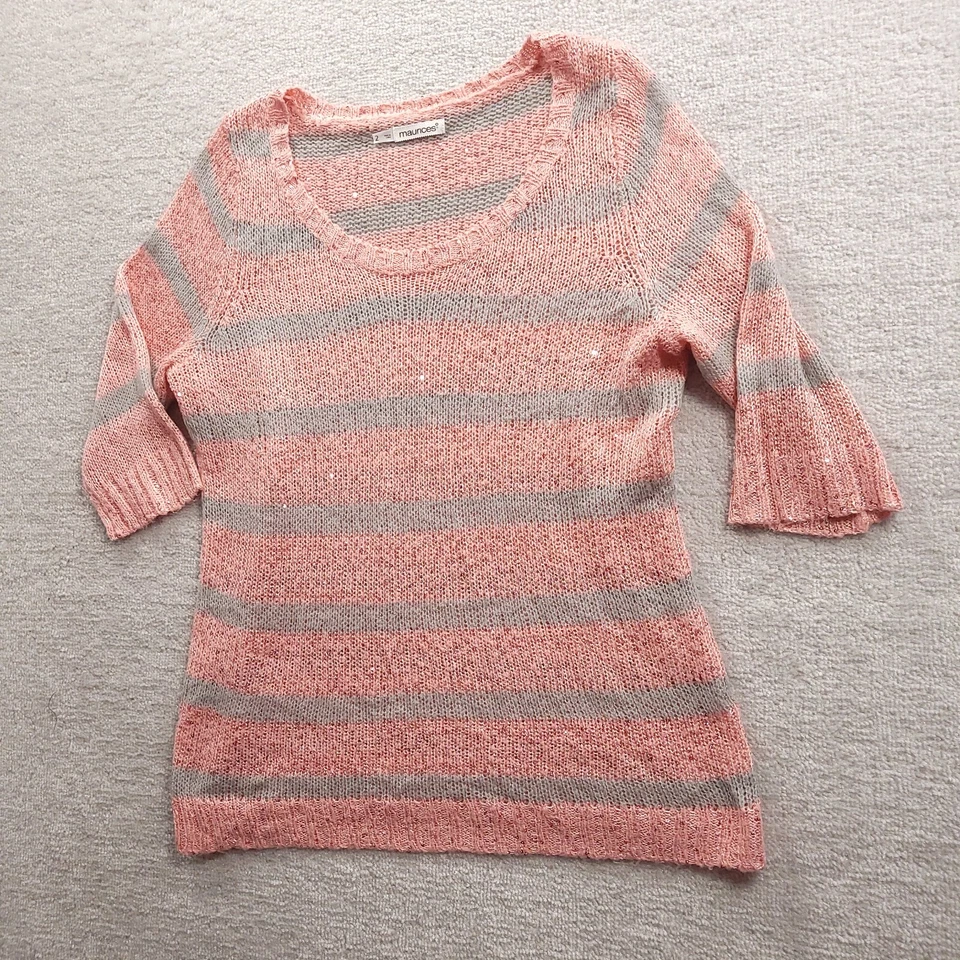Suéter Maurices Mujer Talla 2 Lentejuelas Rosa Gris Rayas Manga 3/4 Cuello Redondo Foto 2 de 4