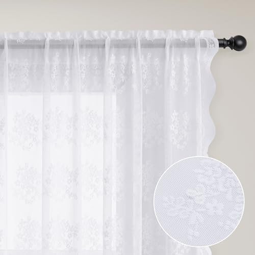 White Sheer Curtains 96 Inches Long 2 Panels Vintage Voile Lace Sheer Floral - Picture 2 of 7