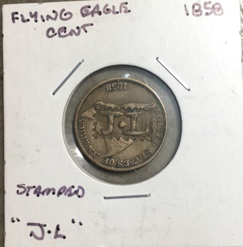 Centavo águila voladora letras grandes 1858 1C estampado “J.L” - Imagen 2 de 3