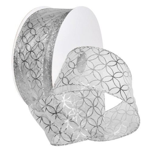 Mars Wired Polyester Ribbon, 2.5" x 50 yd, White/Silver