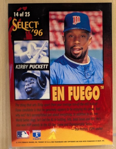 1996 Select EN FUEGO #14 Kirby Puckett Twins HOF RARE DUFEX MUSEUM INSERT - Bild 2 von 2