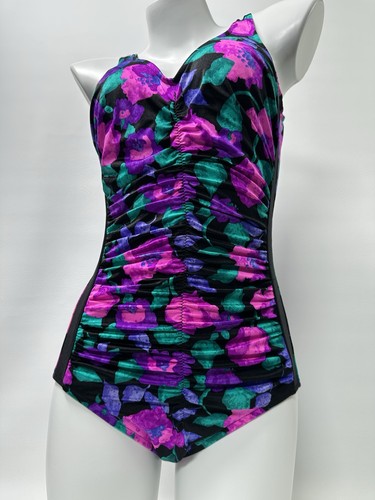 Vintage Maxine of Hollywood Ruched One Piece Swimsuit Sz Small Floral Open Back - Picture 5 of 15