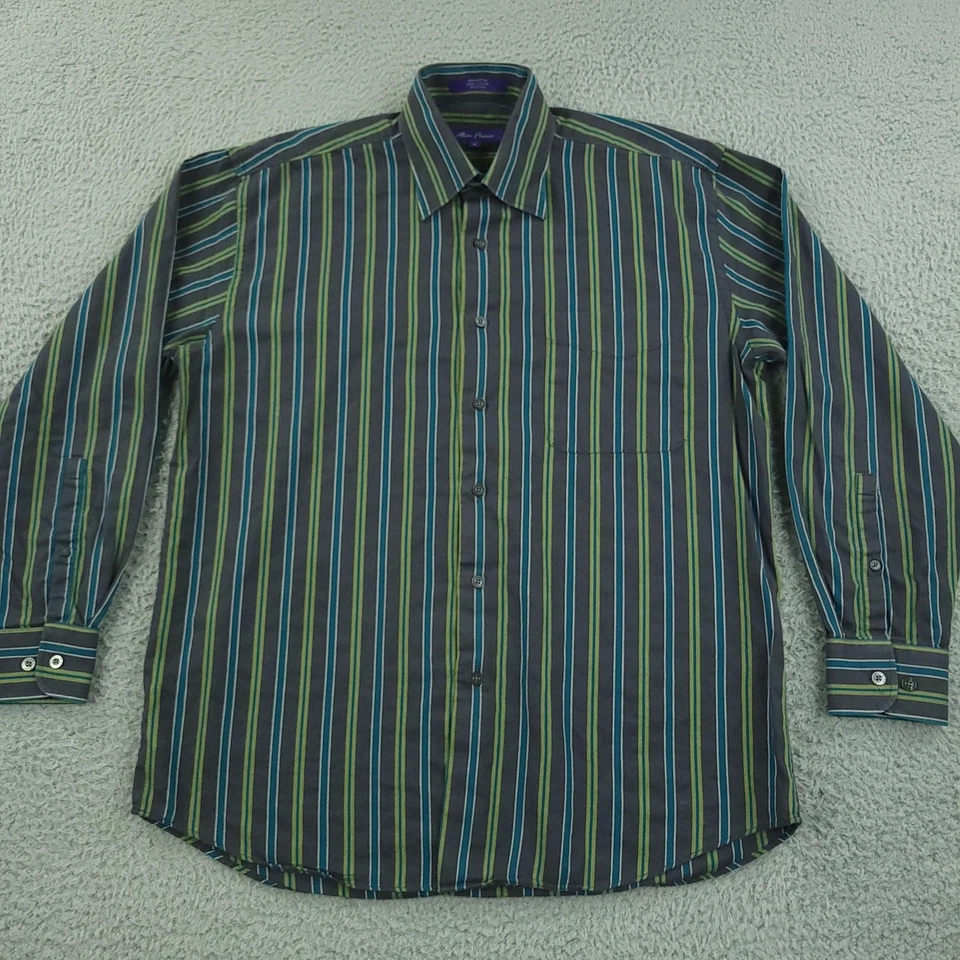 Alan Flusser 衬衫男式中号灰色绿色蓝色条纹纽扣前长袖 — 第 3/4 张图片
