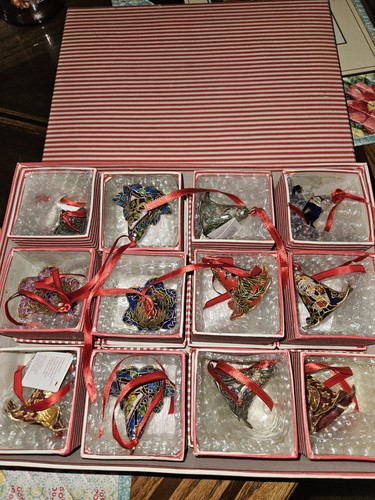 VTG Box Set Of 12 1998 NYCO Metal Enamel Floral Cloisonne Bell Ornament Decor - Picture 1 of 17