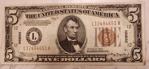 1934A Circulated Federal Reserve WWII Emergency Hawaii $5 Note - Picture 1 of 2