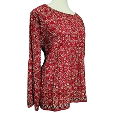 NWT Max Studio Tunic Blouse Size M Red Floral Crinkle Boho Cottagecore Spring