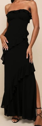 LULUS Dramatic Allure schwarzes trägerloses Maxikleid mit Rüschenausschnitt Größe LARGE *neu ohne Etikett - Bild 7 von 12