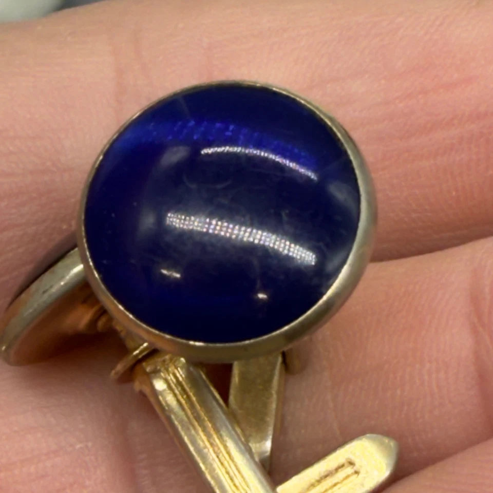 Vintage Hickok Gold Tone Blue Glass Cabochon Cufflinks Mid Century MCM - Image 2 of 4
