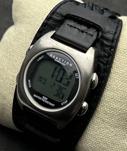 Vintage KENNETH COLE Reaction Men’s 40mm Digital Watch Steel Bundt Black Leather - Picture 7 of 19