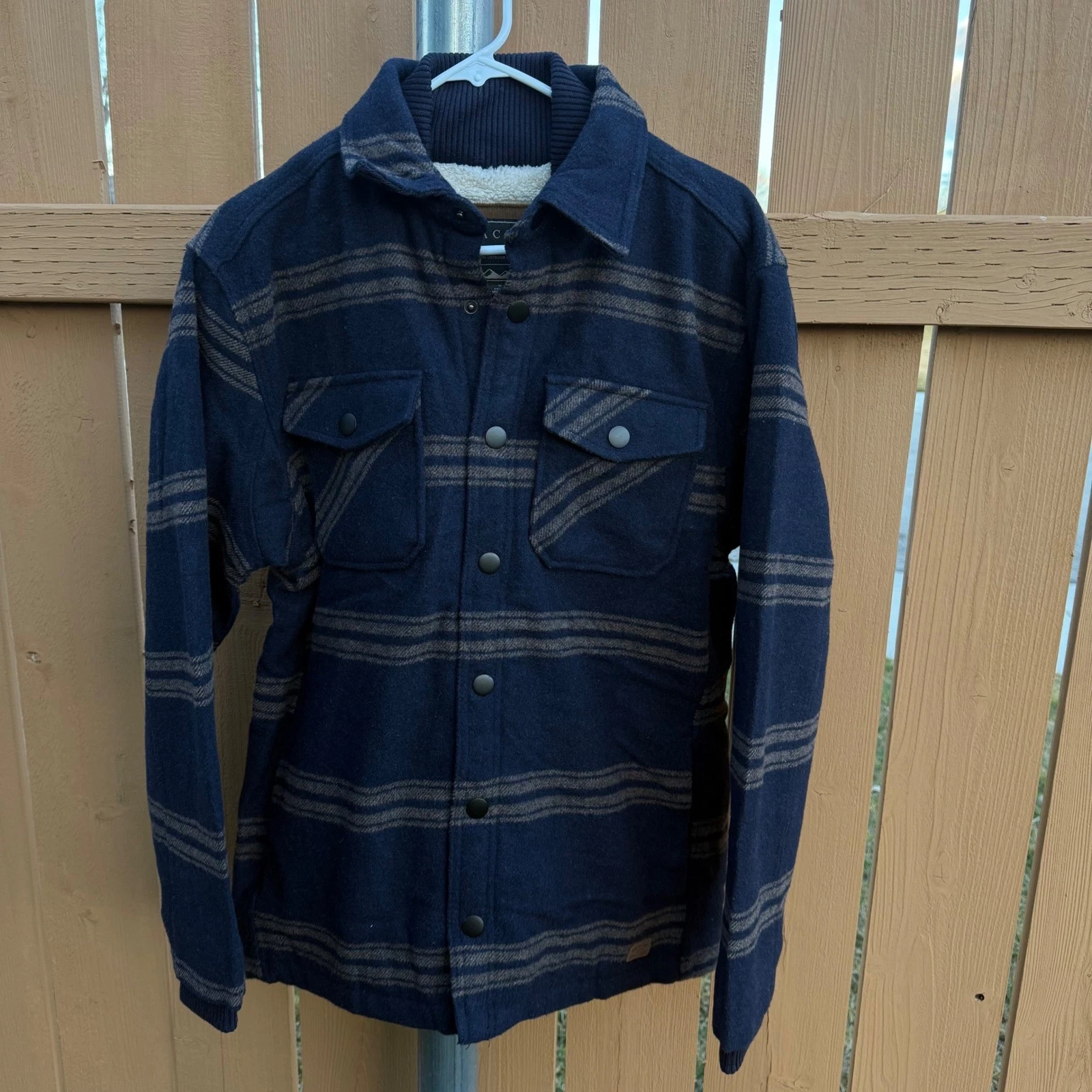 Jachs NY Mens Navy Blue Striped Wool Blend Sherpa Lined Shirt Jacket Small