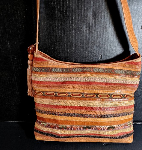 NUEVO Bolso de Mano Hobo Sharif Vintage Piel de Reptil Borde Patchwork Marrón - Imagen 2 de 7