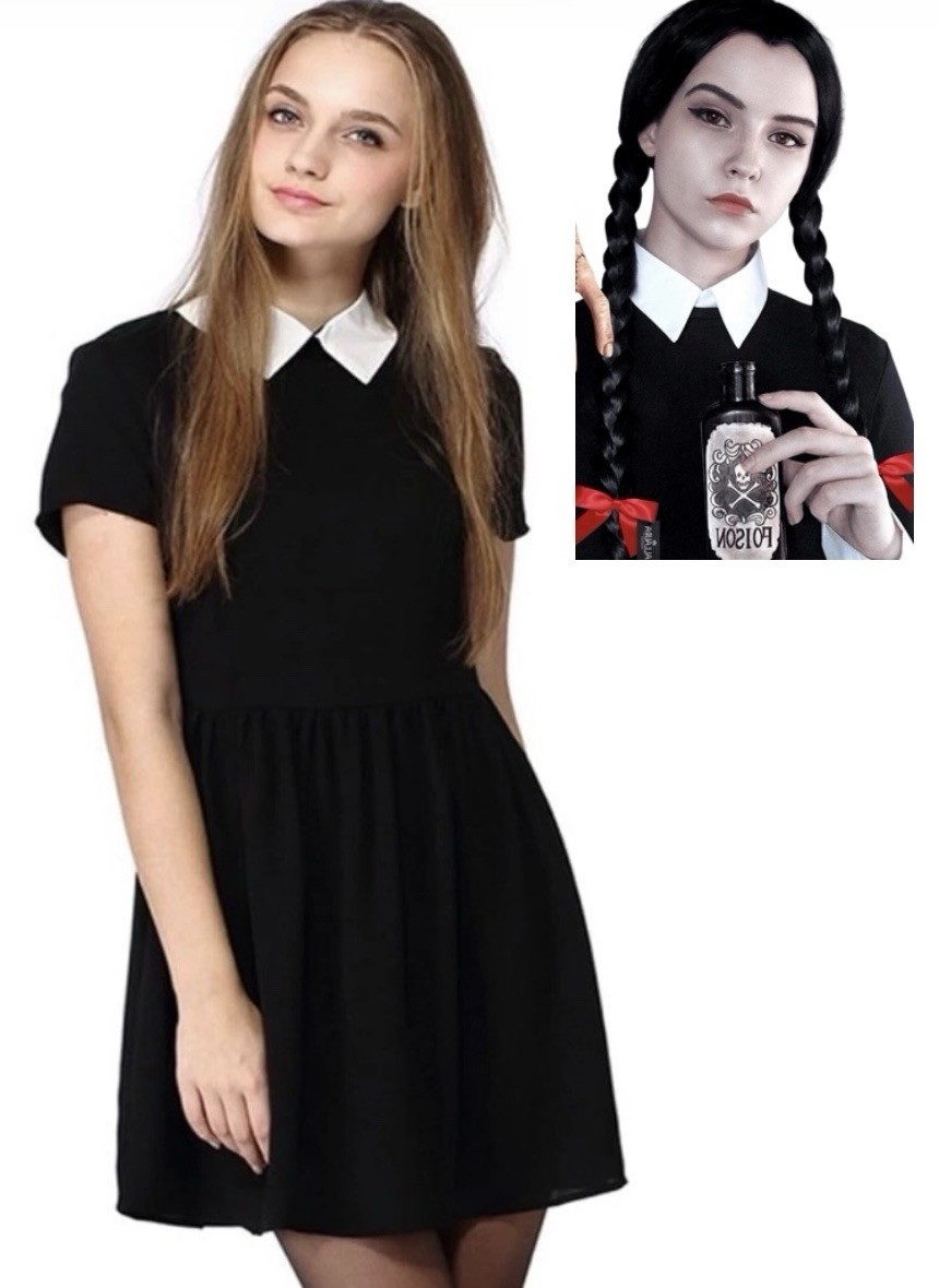Mujer Peter Pan Cuello (S) y Peluca Wednesday Addams Or Stranger Things Disfraz