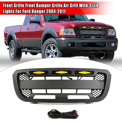 Black Front Grille Ranger Upper Grill With 3 LED Light Fits For Ford 2004-2011 - Picture 12 of 13