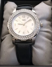 Timex Black Leather Metallic Watch