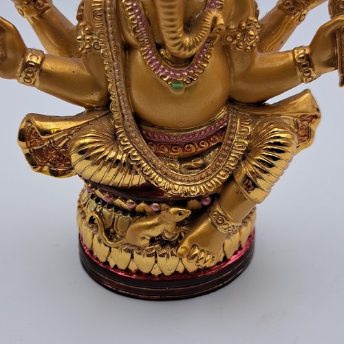 Old Tibet Resin Gilt 4 Arms Ganapati Mammon Elephant God Buddha Reading Statue - Picture 10 of 18