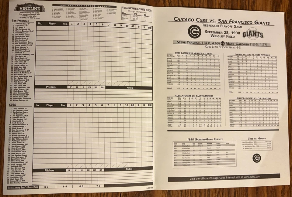 1998 San Francisco Giants/Chicago Cubs One-Game Playoff Wrigley Field Scorecard - Image 2 of 3
