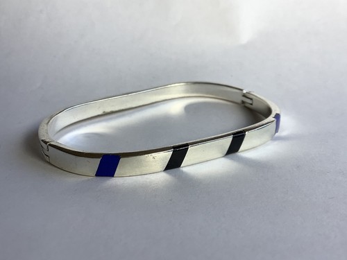 Vintage Mexican Silver Hinged Black & Blue Inlay Bangle Bracelet 20g Mexico - Bild 2 von 12