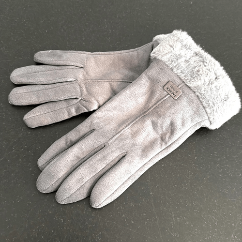 Grey Warm Winter Touchscreen Gloves - Faux Suede & Faux Fur - Picture 2 of 8