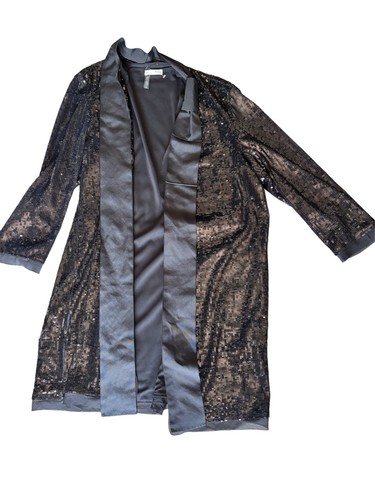 Long Black Sequin Whimsigoth Glam Rock Y2K Open Cardigan Blazer Coverup Sz 44 - Picture 2 of 13