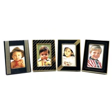 Lot Of 4 Gold Tone & Black Mini Picture Frames Easel or Magnetic Photo Frame