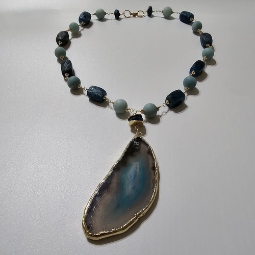 Collar llamativo 4 en 1 chapado en oro de 18 quilates de ágata azul verdoso, amazonita y apatita - Imagen 4 de 6
