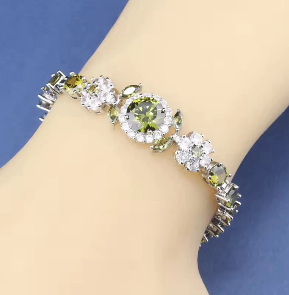 Peridot  Olive Green White Topaz Tennis  Gemstone Sterling Silver 925 Bracelet - Image 2 of 4
