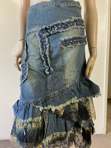 Blue Denim Beaded Embroidery Ruffles Lace Hippie Boho Zip Size S(4-6) Skirt 3029 - Picture 1 of 11