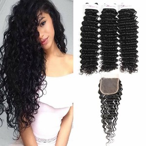 Us Brazilian Deep Wave3 Bundles With Closure Wet And Wavy Curly