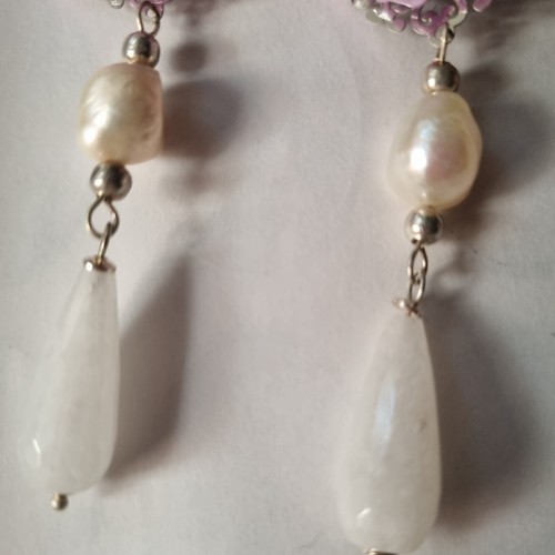 ORECCHINI ARGENTO 925 PENDENTE GOCCIA AGATA BIANCA E PERLE SCARAMAZZE - Foto 4 di 5
