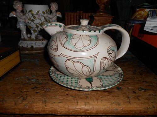 Tetera italiana modernista antigua de cerámica muy rara con plato - Imagen 2 de 4