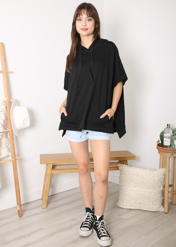 Oversized Short Sleeve Hoodie Side Slits Pullover Sweater Top - Picture 9 of 110