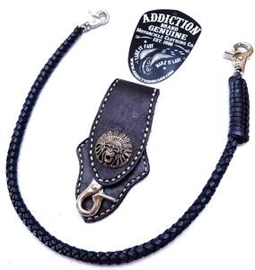 Biker-Skull-Indian-Chief-Trucker-Leather-Belt-Clip-Key-Holder-with-braided-chain