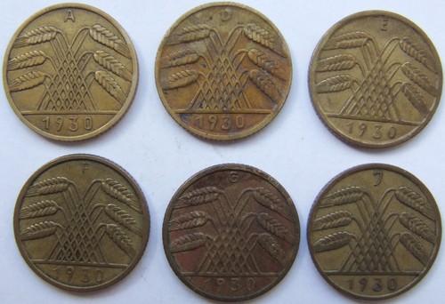 Coin Weimar Republic 10 Reichspfennig 1930 A,D,E,F,G,J complete in Very fine - Picture 2 of 2