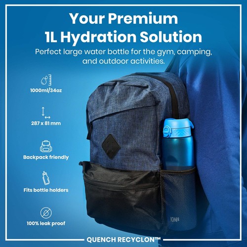 ION8 Leak Proof 1 litre Water Bottle, Recyclon, Blue, 1L - Picture 2 of 7