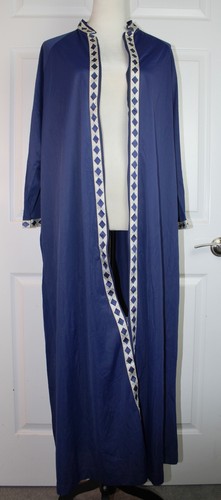VTG Lorraine Art Deco Kaftan Pullover 3/4 Zip Navy Blue Satin Nylon Gold Trim M - Picture 3 of 6