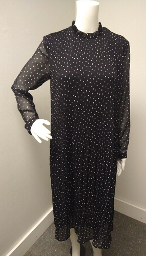 Womens H&M Midi Dress 6 Black White Polka Dot Pleated Sheer Lined Cottagecore - Bild 1 von 8