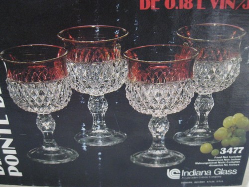 Vintage Indiana Glass Co. Diamond Point Wine Juice Set of 4 6oz Ruby Band in Box - Picture 12 of 13