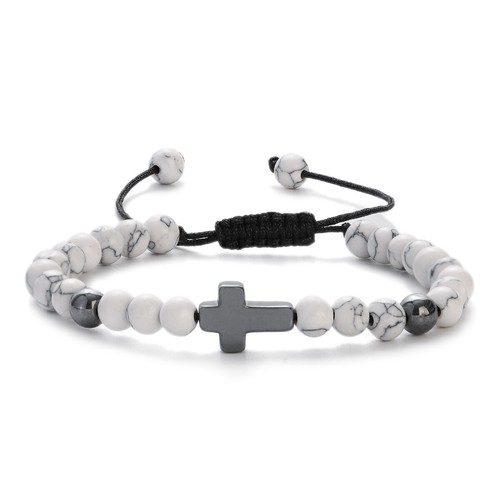 Natural White Howlite Cross Beads Gemstone Bracelet Men Women Adjustable Bangle - Picture 6 of 6