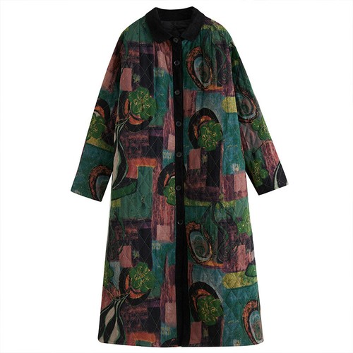 Women Cotton Padded Coat Long Jacket Geometric Floral Pattern Loose Warm - Picture 6 of 14