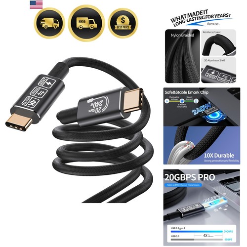 USB C Data Cable 10ft 20Gbps 4K HDMI Power Fast Charging Durable Nylon - 第 1/12 張圖片