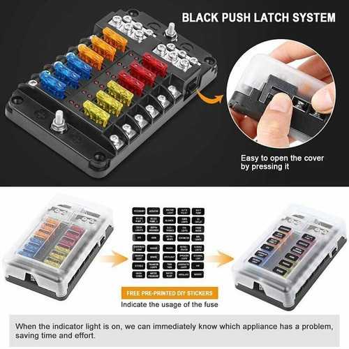 12 Way Blade Fuse Box Distribution Bar Kit Holder 12V/32V For Car Boat Truck - Picture 5 of 12